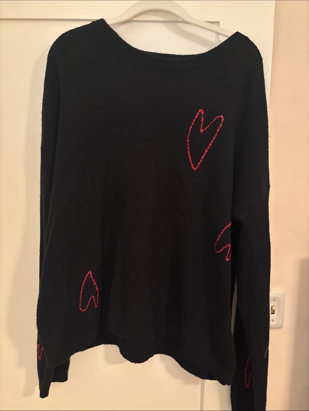 Caslon Black Crewneck Sweater with Red Heart Stitching